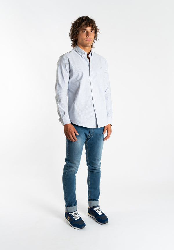 Camisa Manga Larga Oxford Cuello Botón Rayas Azul