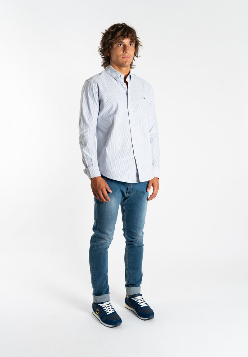 Camisa Manga Larga Oxford Cuello Botón Rayas Azul