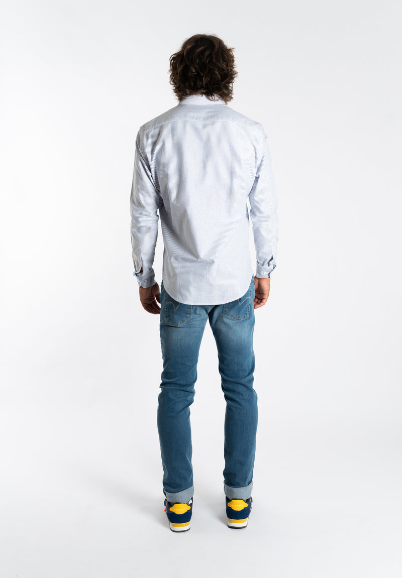 Camisa Manga Larga Oxford Cuello Botón Rayas Azul