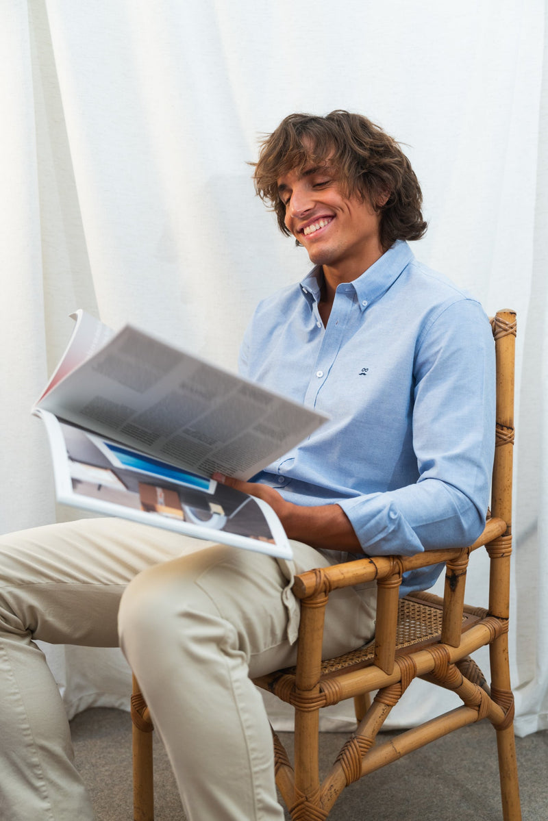 Camisa Manga Larga Cuello Botón Oxford Azul