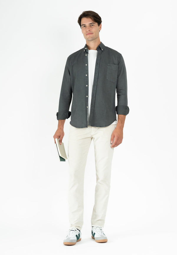 Camisa Manga Larga Sarga Cuello Botón Gris Oscuro