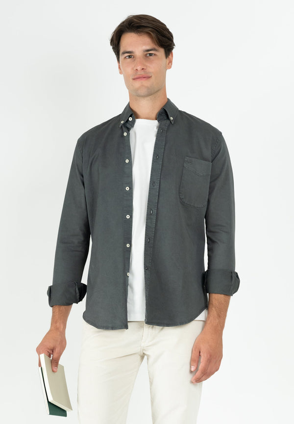 Camisa Manga Larga Sarga Cuello Botón Gris Oscuro