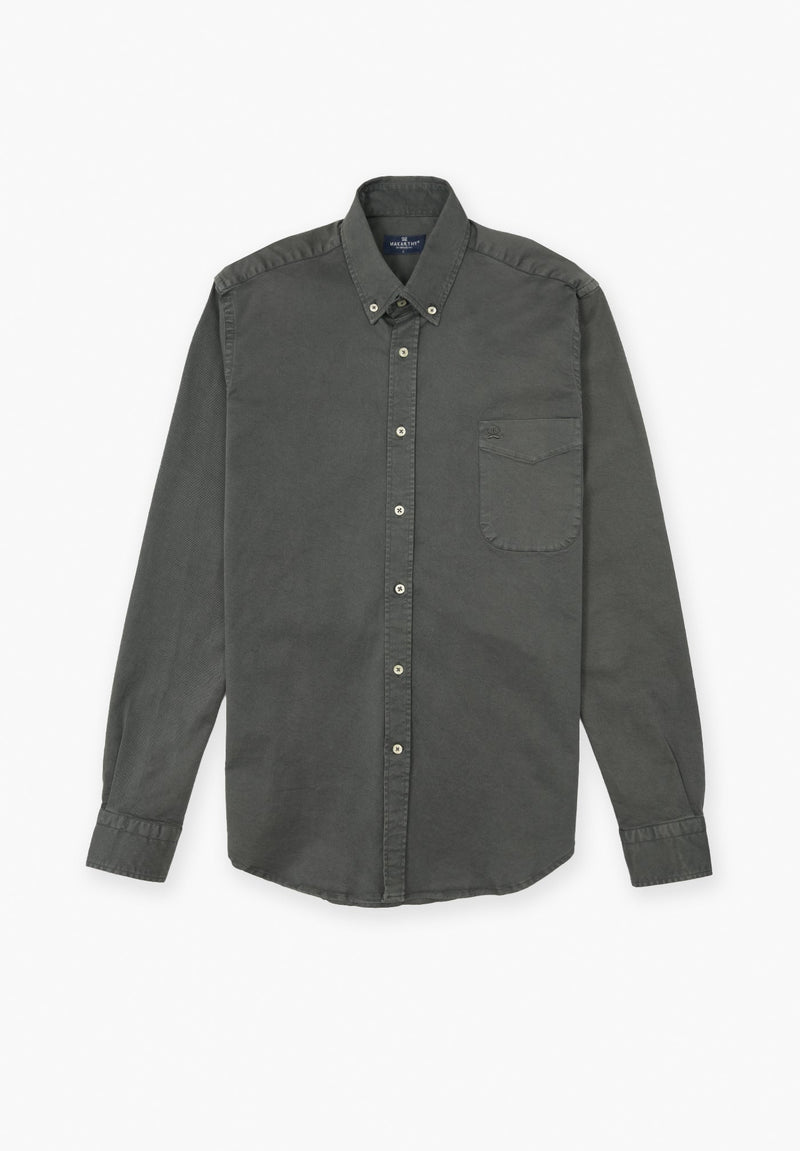 Camisa Manga Larga Sarga Cuello Botón Gris Oscuro